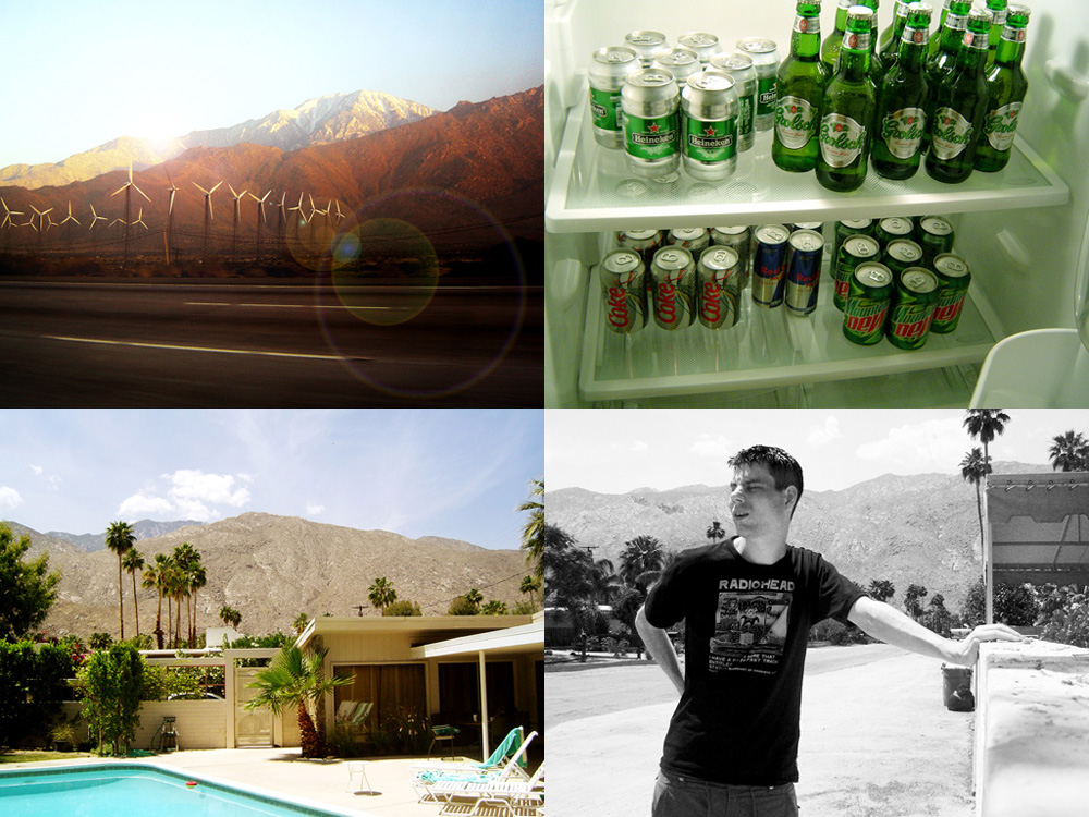 Clockwise from top-left: Driving through the desert, Cocktail ingredients, Palm Springs photo-shoot, Our festival accommodation
