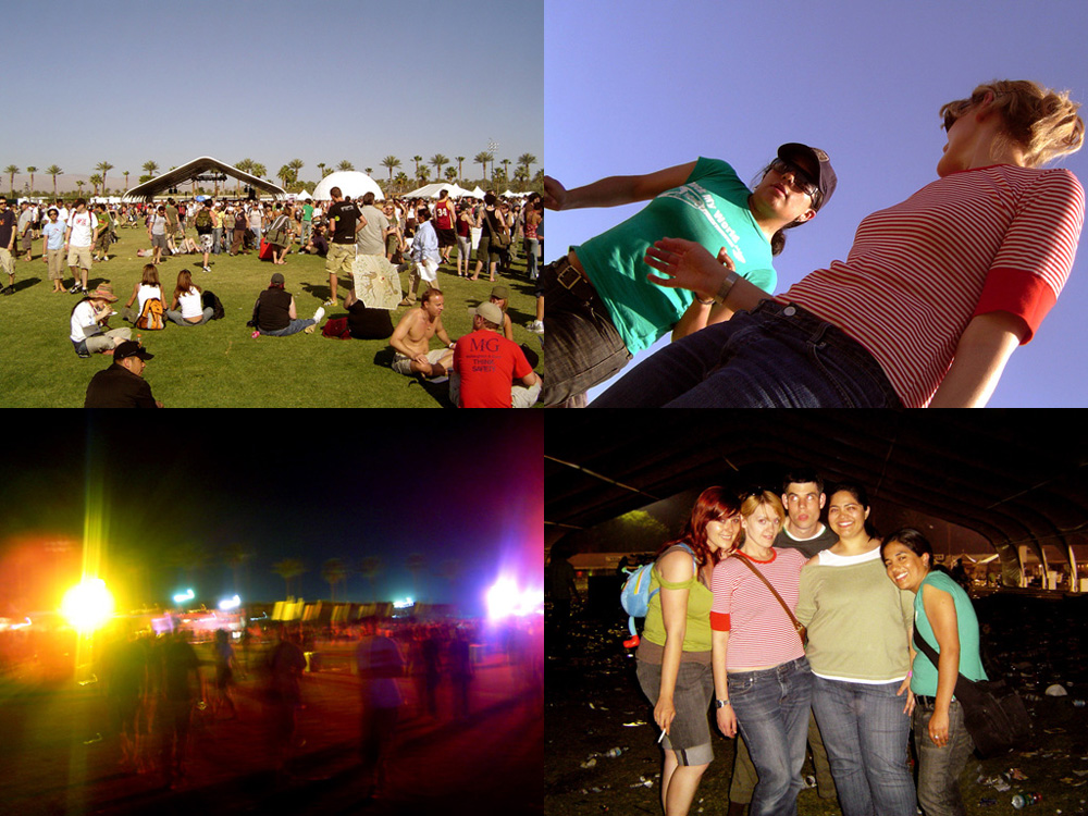 Clockwise from top-left: First day at Cochella, Yaz and Mir dance, Post Art Brut group photo, Cochella at night
