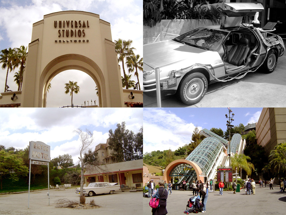 Clockwise from top-left: Universal Studios entrance, The “Back to the Future” DeLorean, The Starway, The Bates motel