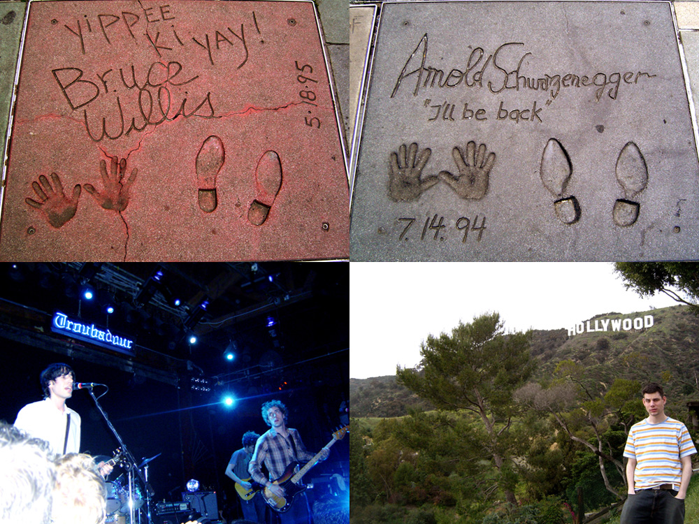 Clockwise from top-left: Bruce Willis’ handprints, Arnold Schwarzenegger’s handprints, My visit to the Hollywood Hills, The Troubadour in West Hollywood